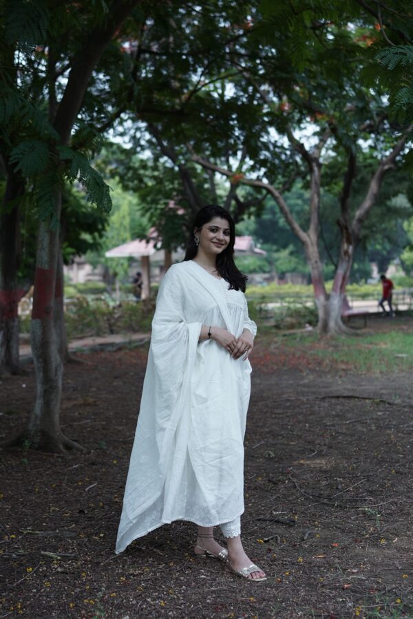 Jaipuri Cotton Kurti Set with Dupatta & Pant- White - Image 2